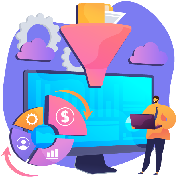 Documents pouring into a computer through a funnel