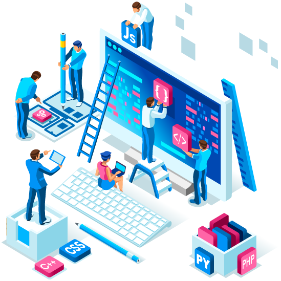 Programming team working on building software